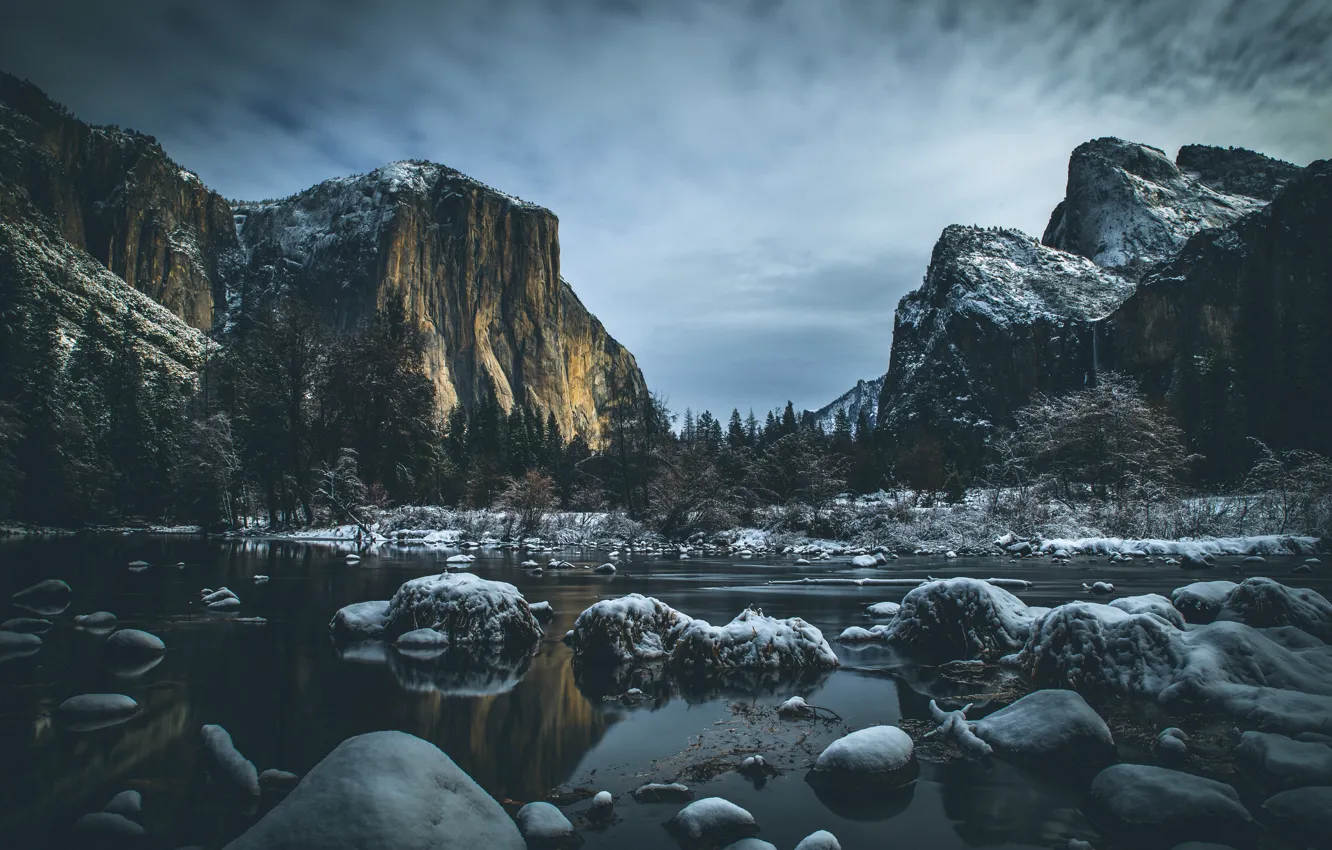 Photo wallpaper winter, landscape, mountains, nature, river, stones, river, landscape