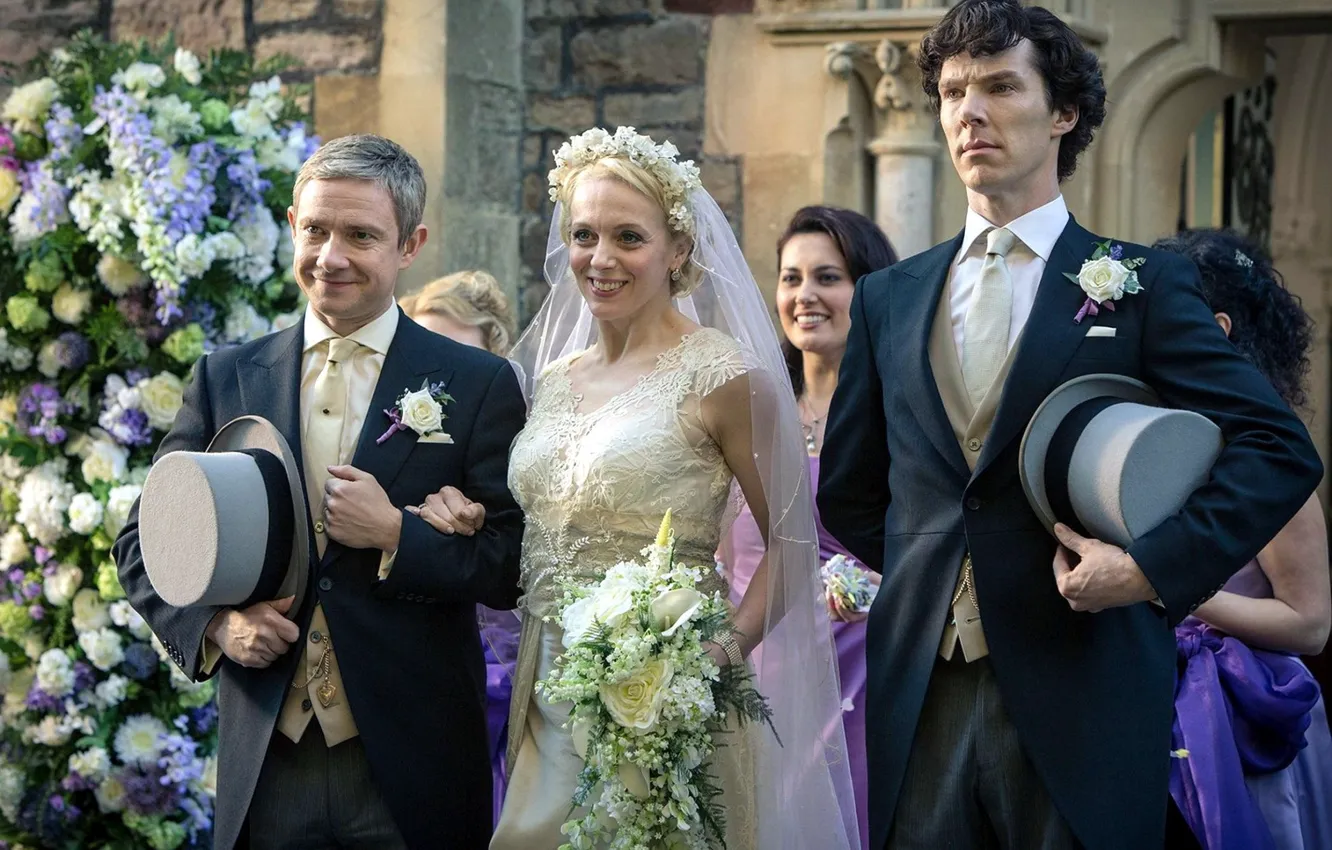 Photo wallpaper Sherlock Holmes, wedding, Martin Freeman, Benedict Cumberbatch, Sherlock, Sherlock BBC, Sherlock Holmes, the bride and …