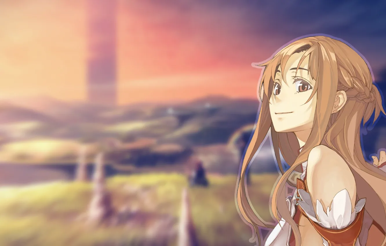 Photo wallpaper girl, smile, blurred background, sword art online, yuuki asuna