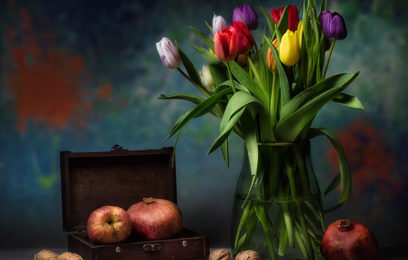 Photo wallpaper flowers, style, background, apples, bouquet, tulips, box, vase