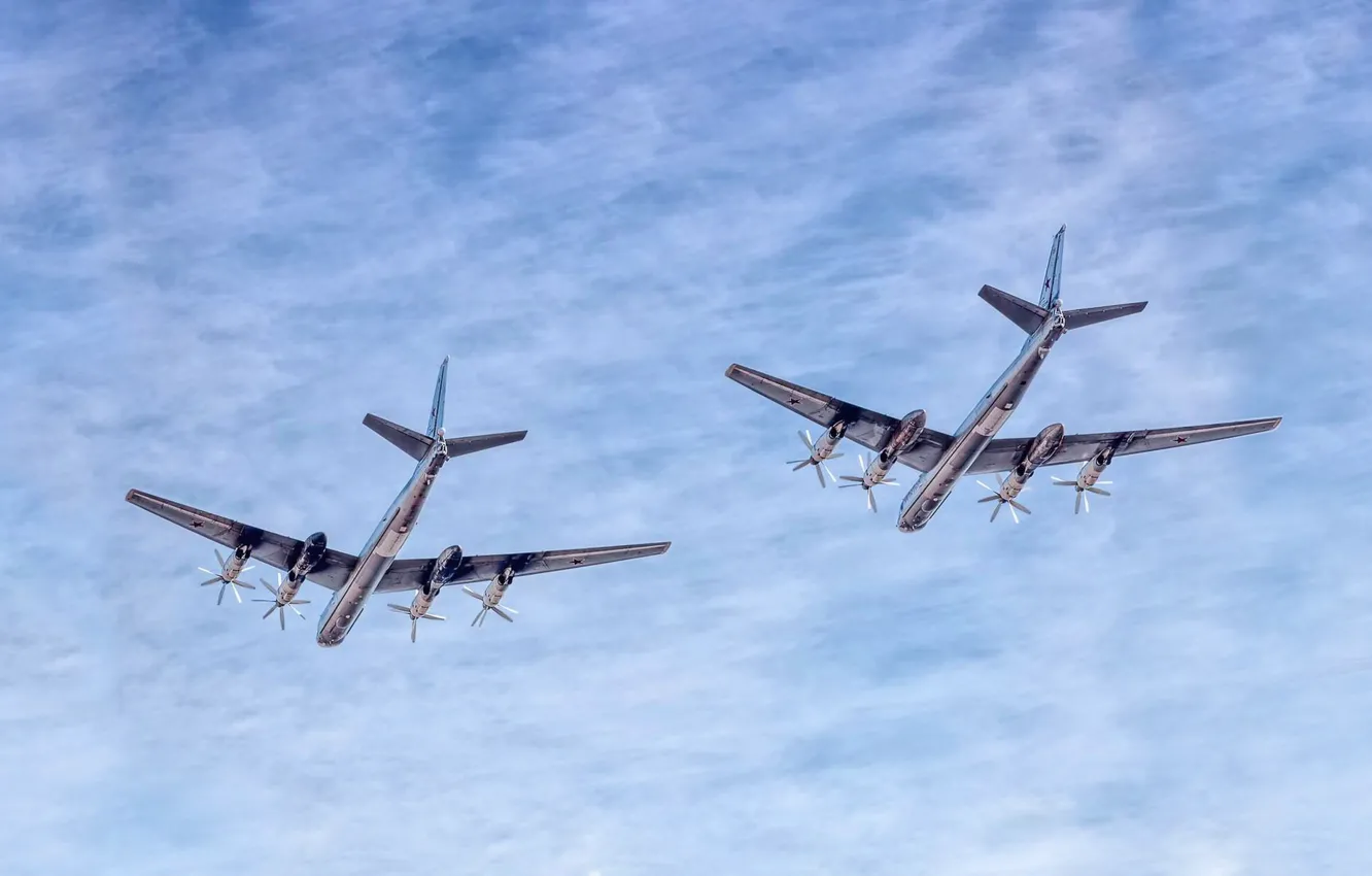 Photo wallpaper the sky, clouds, flight, aviation, two, bear, USSR, Russia