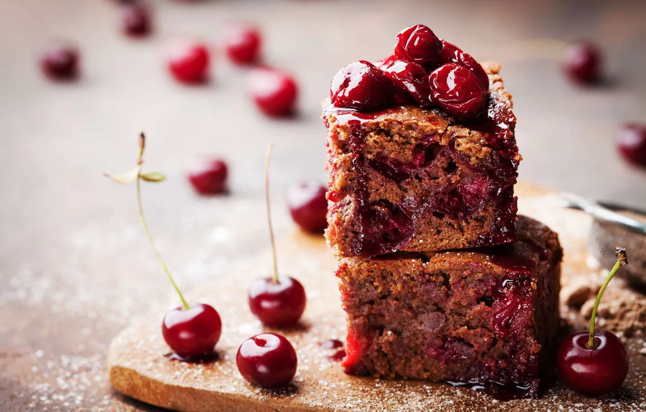 Photo wallpaper cherry, berries, pie, cherry, dessert, cherry, bokeh, cupcakes