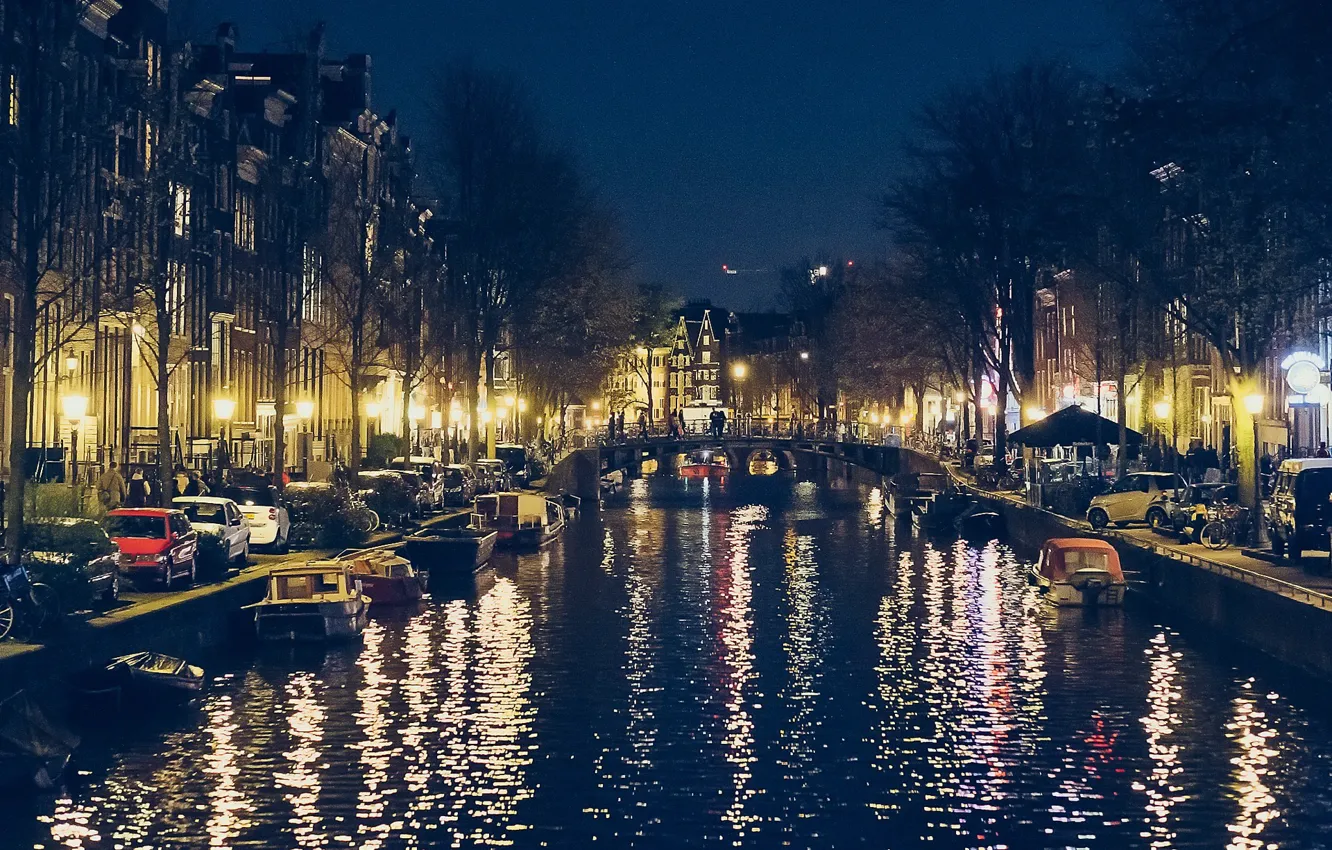 Photo wallpaper river, boat, Amsterdam, river, Amsterdam, boat, night view, Night View