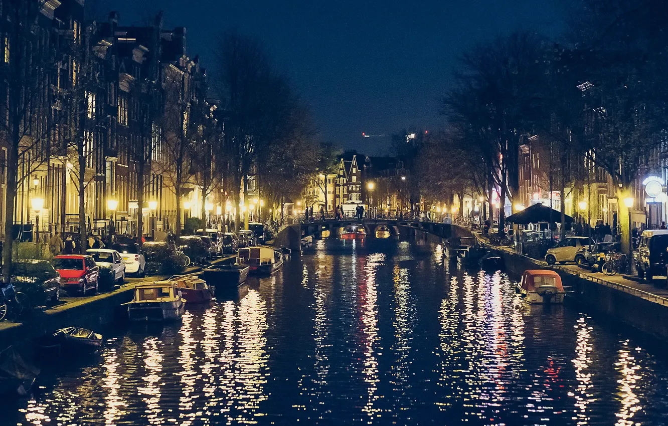 Photo wallpaper river, boat, Amsterdam, river, Amsterdam, boat, night view, night view