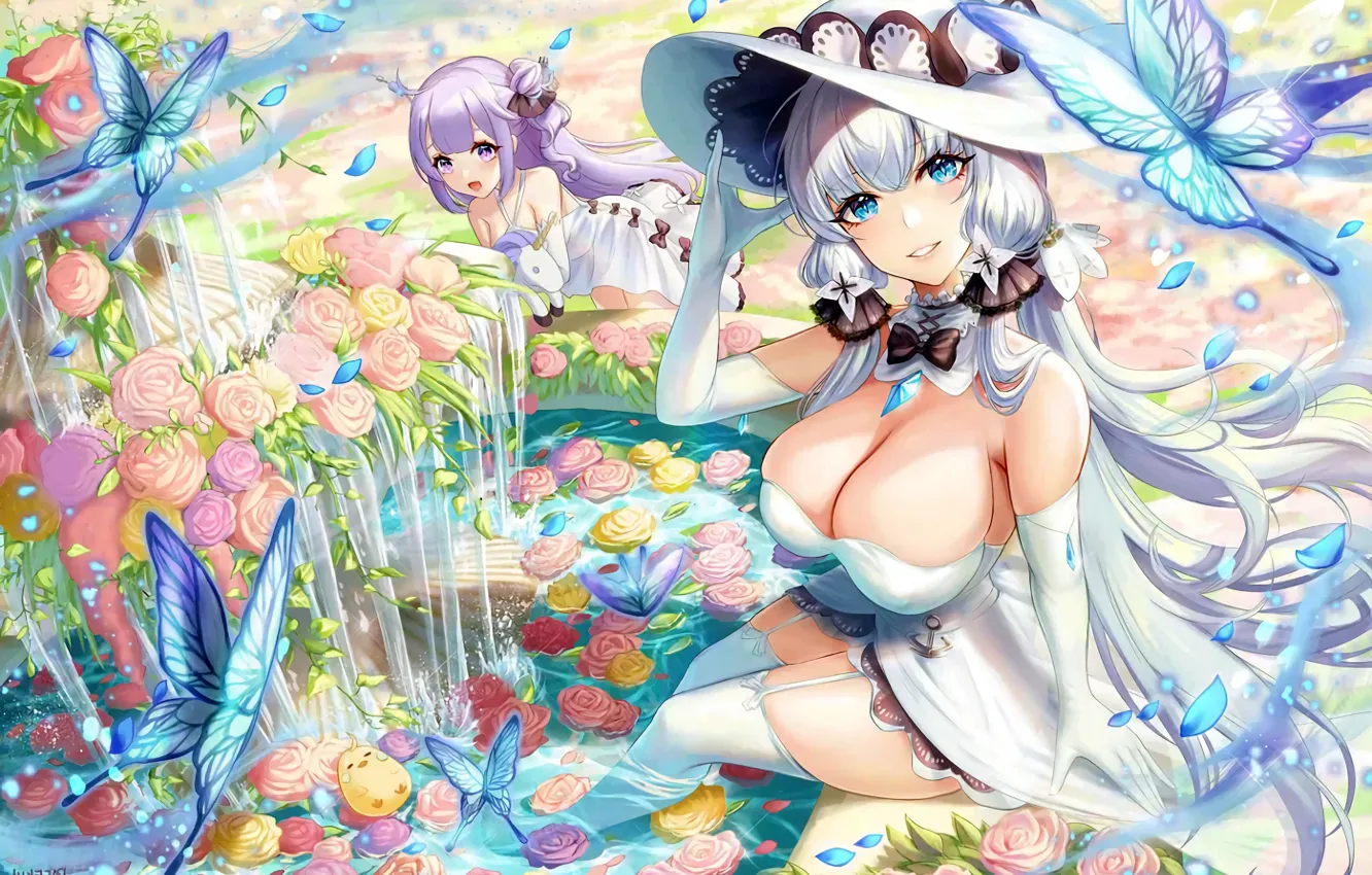 Photo wallpaper girl, sexy, boobs, anime, beautiful, pretty, garden, erotic