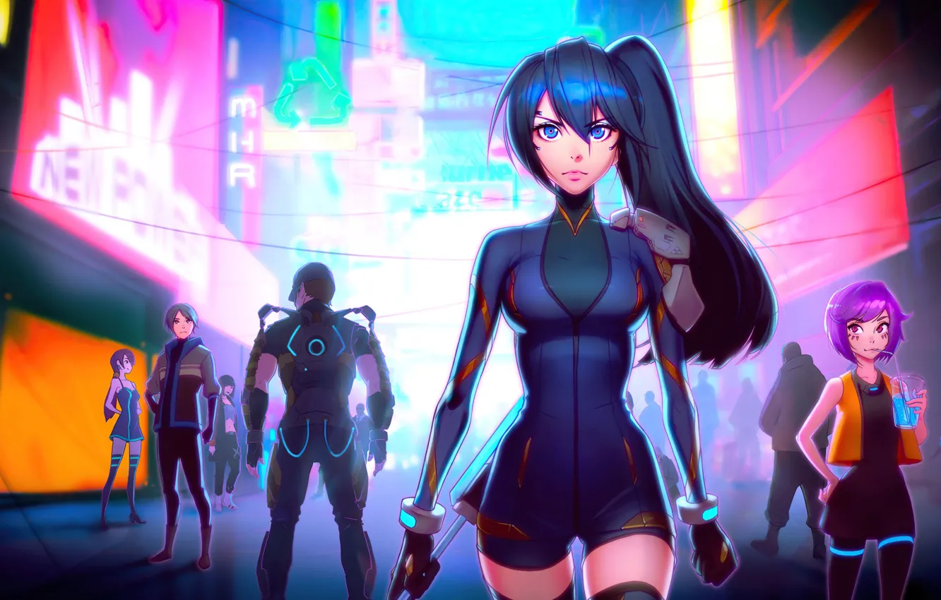 Photo wallpaper girl, the city, the game, neon, advertising, brunette, blue eyes, characters