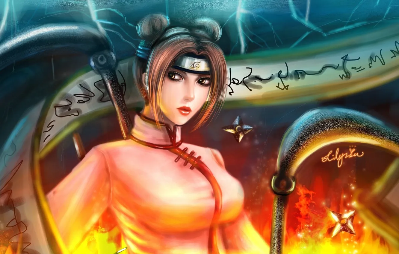Photo wallpaper girl, lights, weapons, art, Naruto, Tenten, Lilyzou