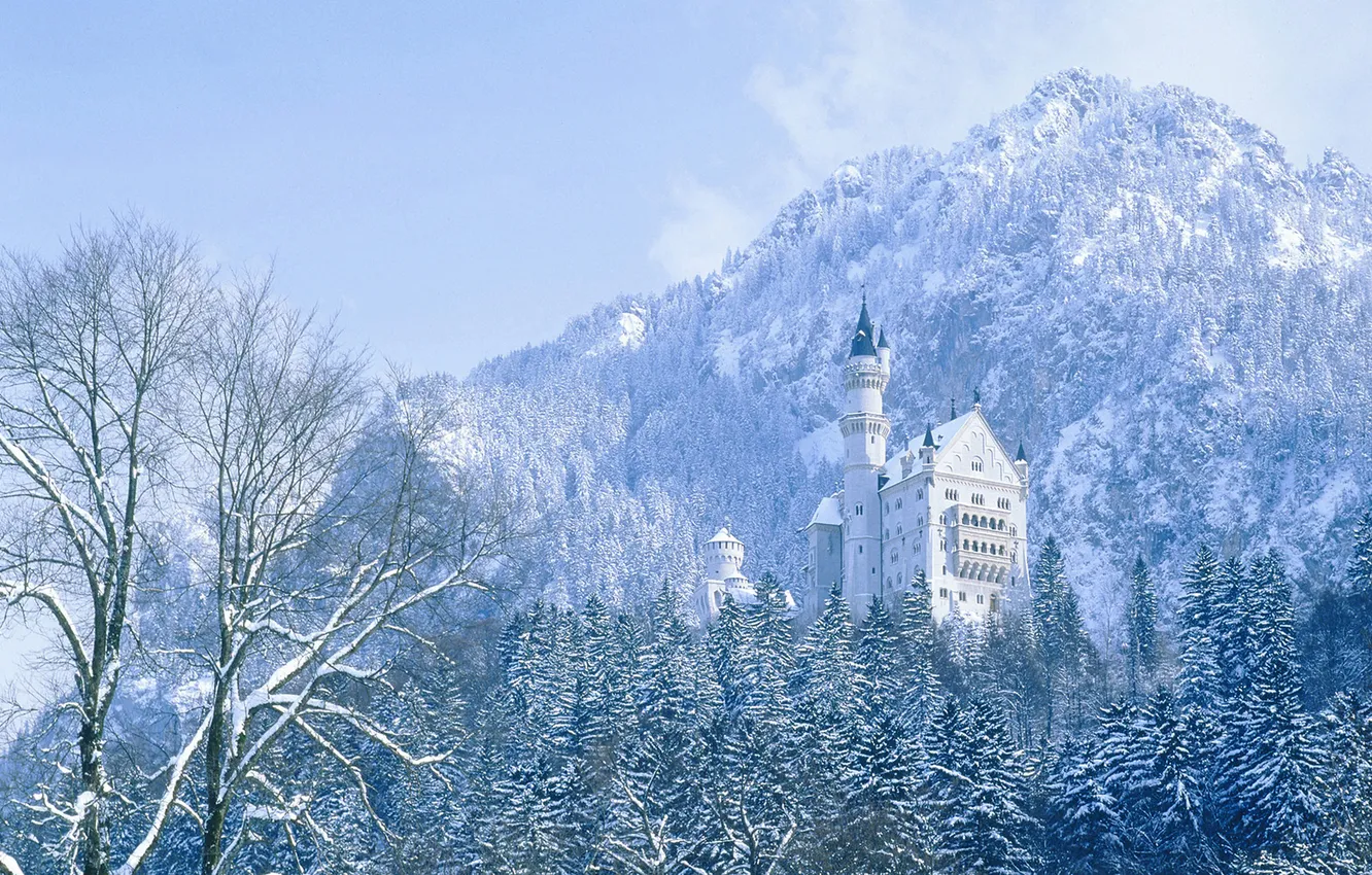 Photo wallpaper winter, trees, mountains, castle