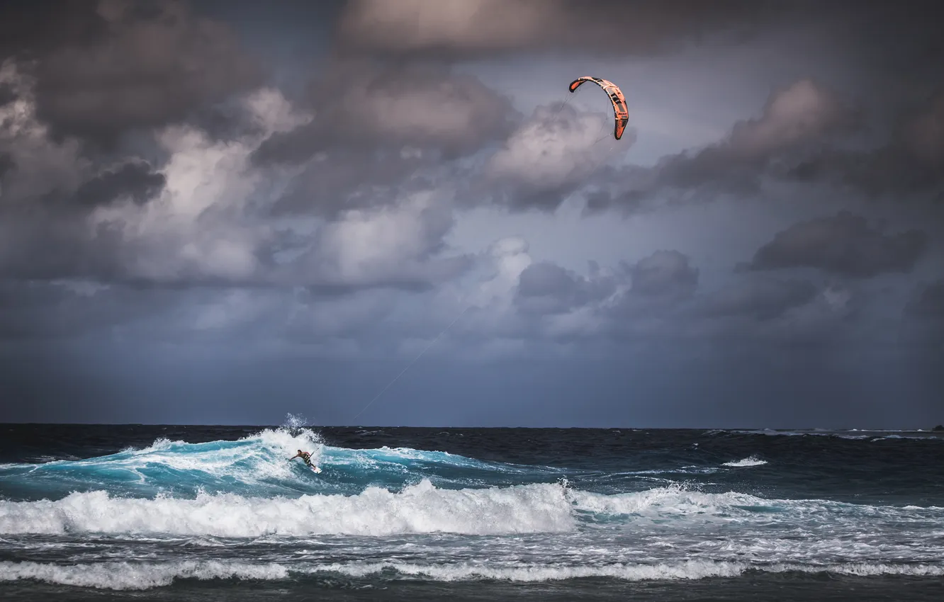 Photo wallpaper the storm, wave, beach, the sky, clouds, the wind, extreme sports, kitesurfing
