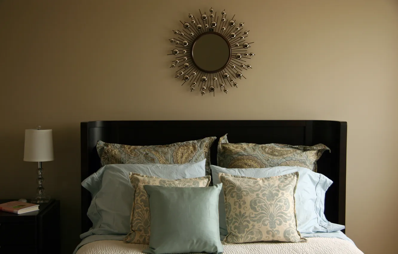 Photo wallpaper lamp, pillow, mirror, bed