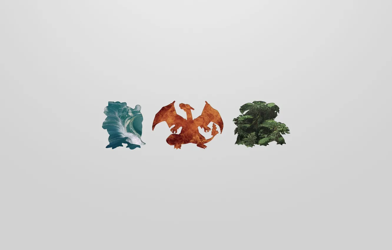 Photo wallpaper grass, water, lights, flame, grass, water, pokemon, pokemon