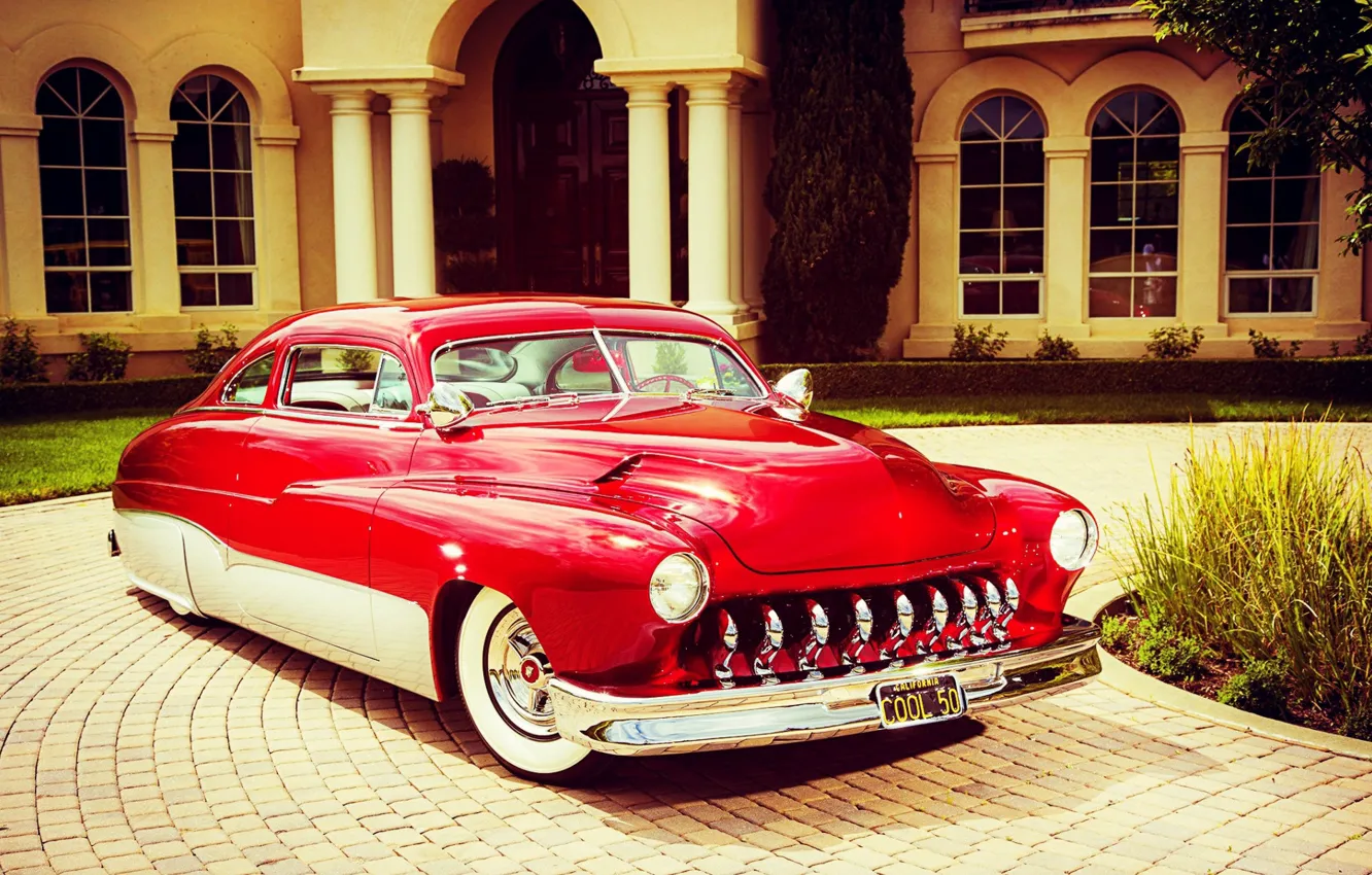 Photo wallpaper House, Red, Car, Classic, Old, Vintage, Mercury