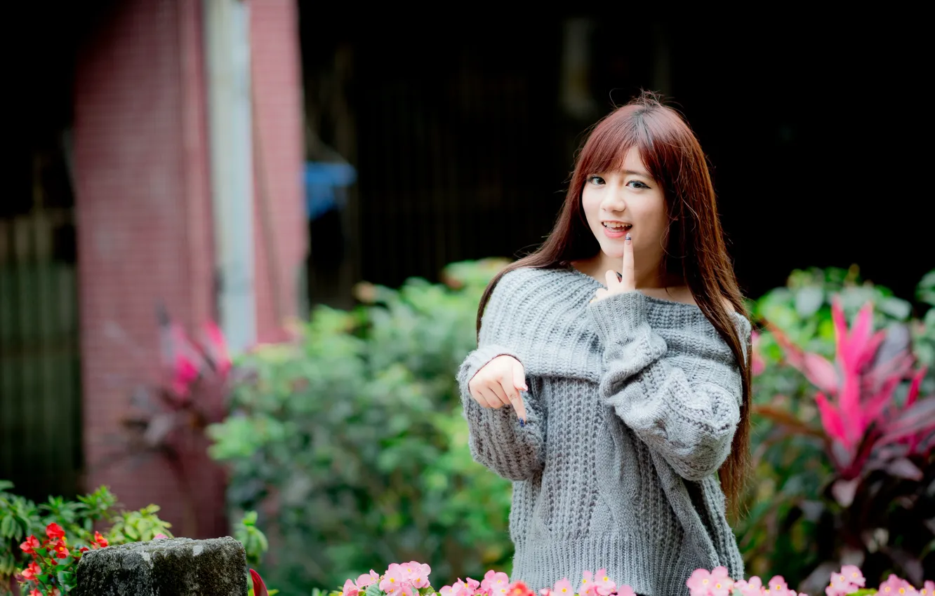 Photo wallpaper look, girl, smile, brown hair, Asian, bokeh