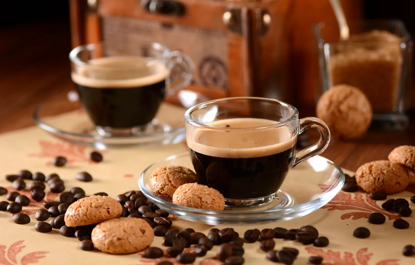 Photo wallpaper coffee, food, cookies, Cup, coffee beans, saucer