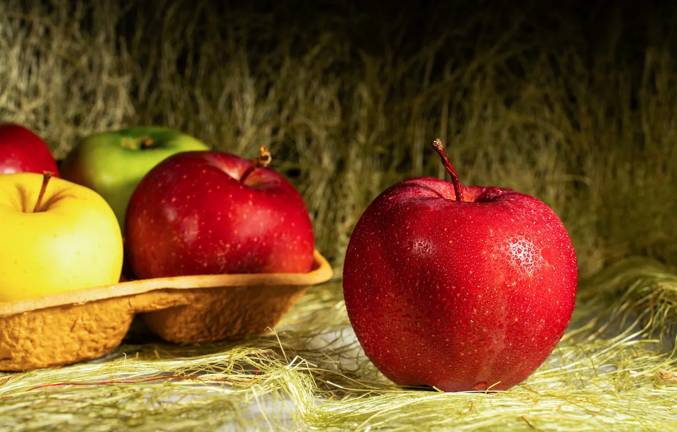 Photo wallpaper drops, red, green, apples, fruit, tray, fresh