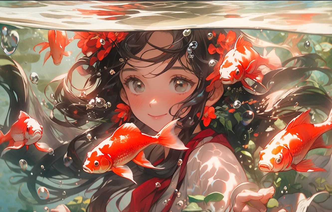 Photo wallpaper look, water, girl, light, fish, bubbles, fantasy, hair