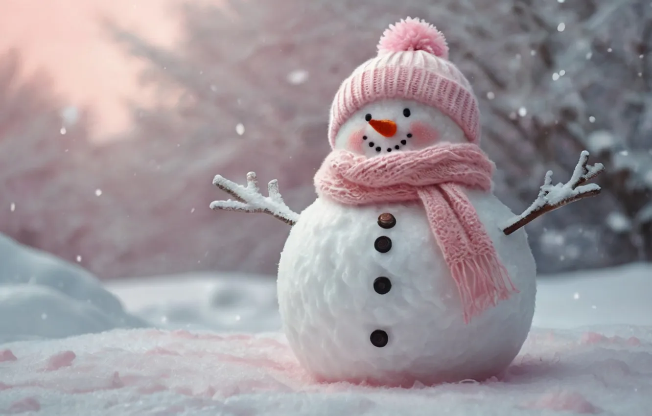 Photo wallpaper winter, light, snow, hat, scarf, snowman, pink, snowfall