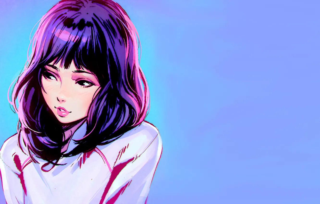 Photo wallpaper women, digital art, simple background, white shirt, looking away, Ilya Kuvshinov, shoulder length hair