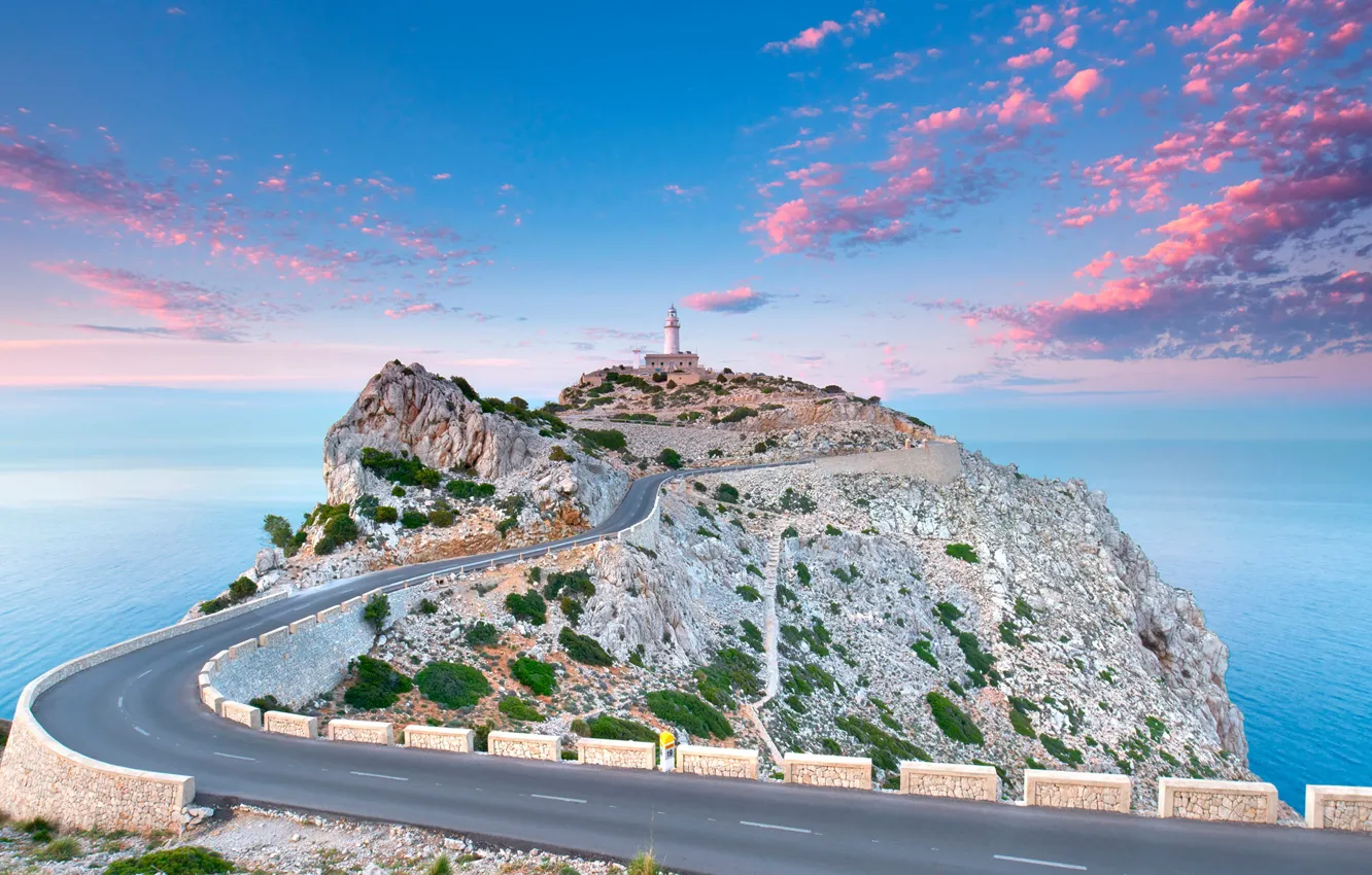 Photo wallpaper road, sea, clouds, lighthouse, Spain, Mallorca