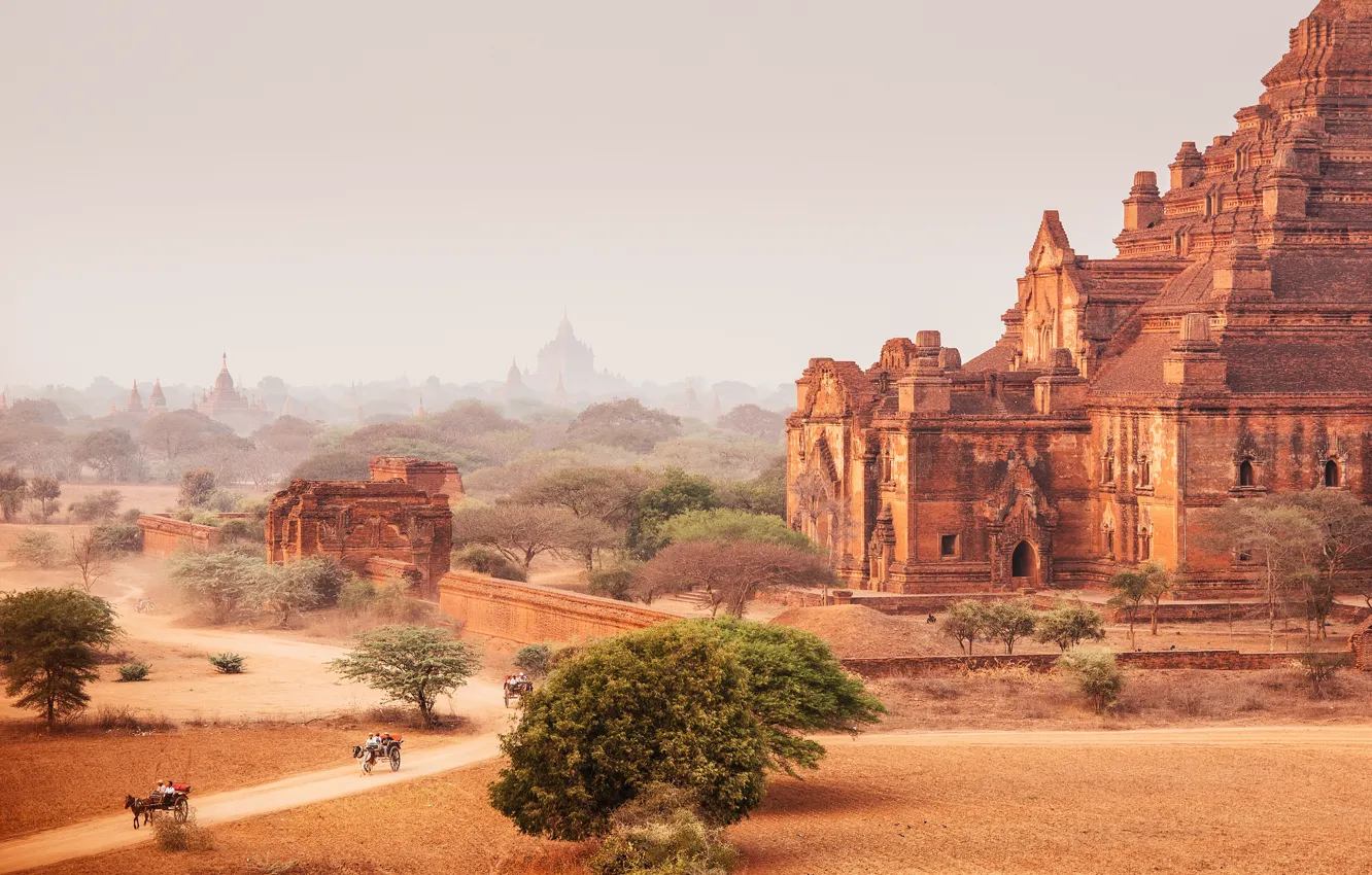 Photo wallpaper road, the sky, dust, temple, Dry, Myanmar, Bagan, Horse cart