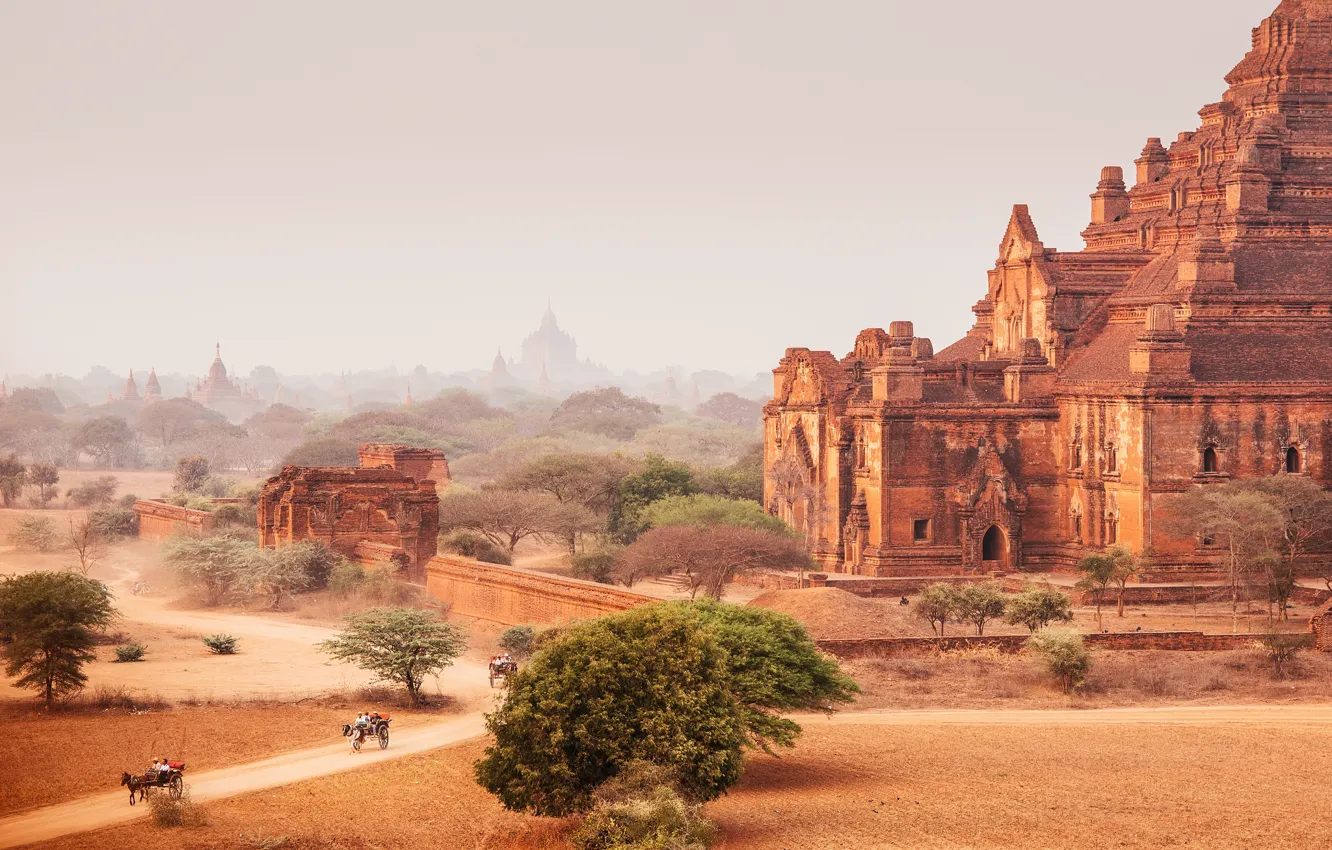 Photo wallpaper road, the sky, dust, dry, Myanmar, temples, Bagan, Horse cart