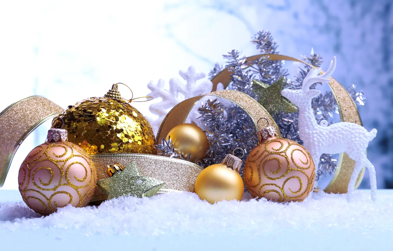 Photo wallpaper winter, balls, holiday, pattern, toy, new year, deer, sequins