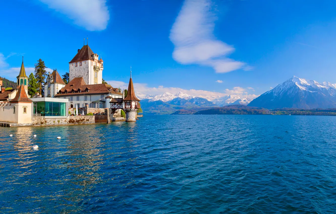 Photo wallpaper mountains, lake, castle, Switzerland, Alps, Switzerland, Alps, Lake Thun