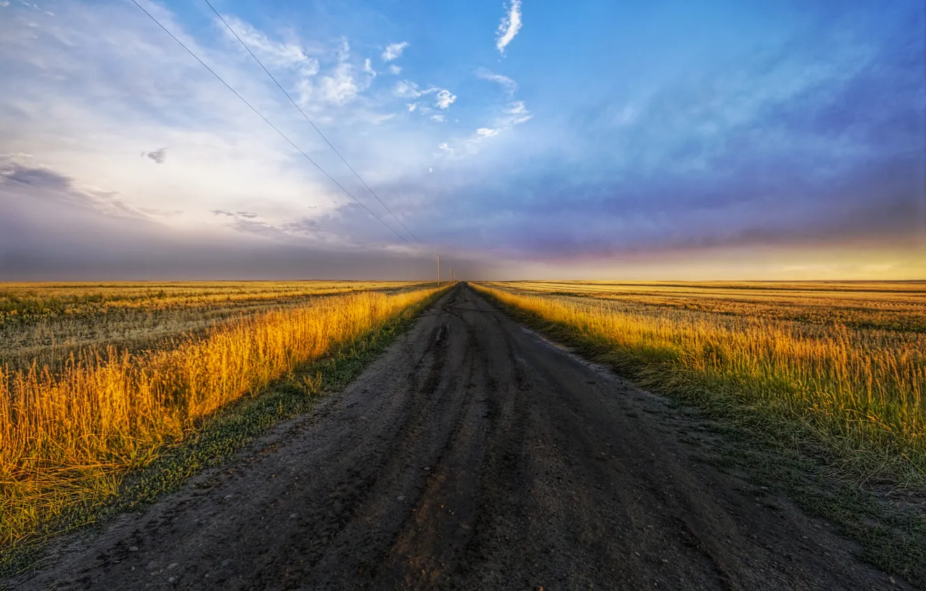 Photo wallpaper road, field, the sky, grass, clouds, landscape, sunset, nature