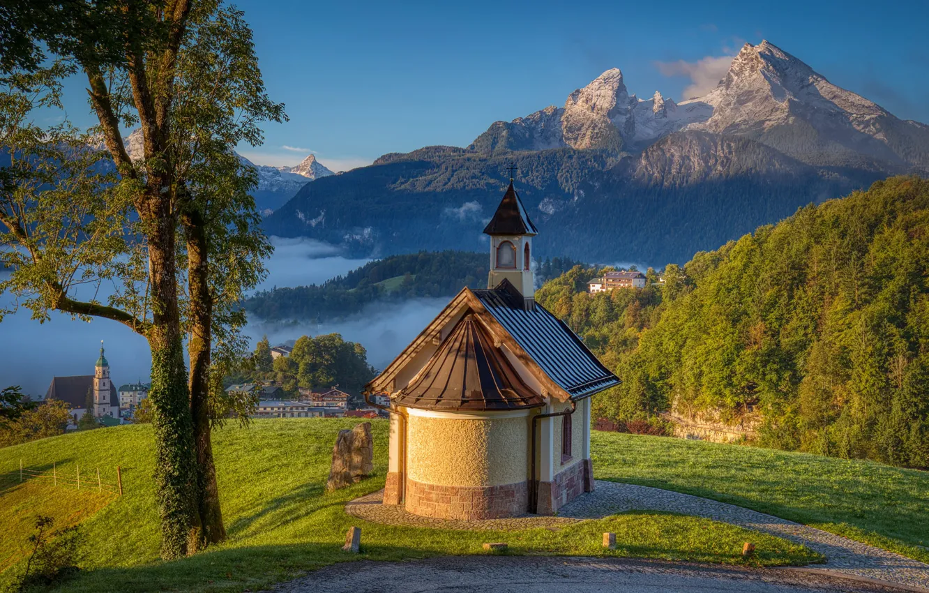 Photo wallpaper landscape, mountains, nature, track, Germany, Alps, chapel, Berchtesgaden