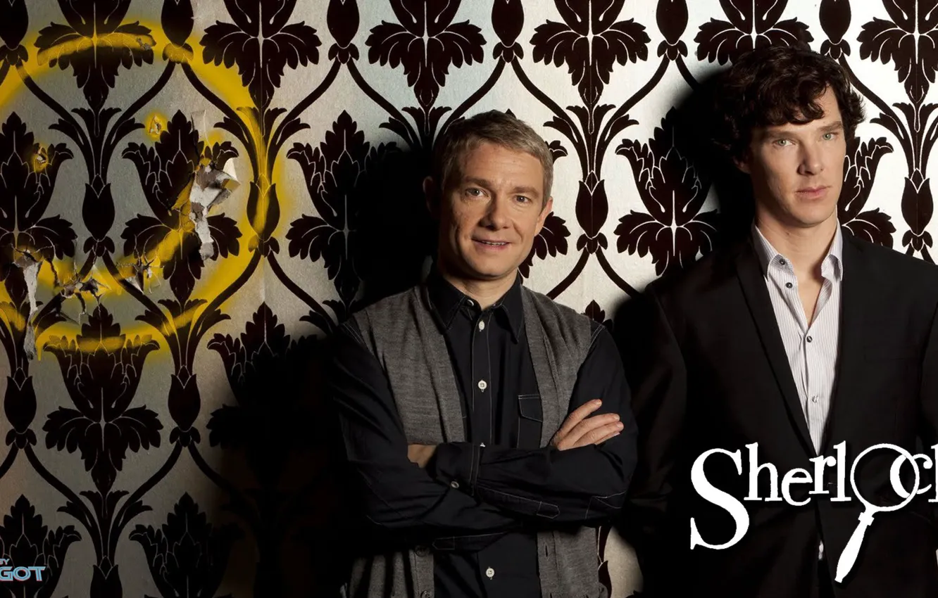 Photo wallpaper wall, Wallpaper, Sherlock Holmes, smiley, Martin Freeman, Benedict Cumberbatch, Sherlock, Sherlock BBC