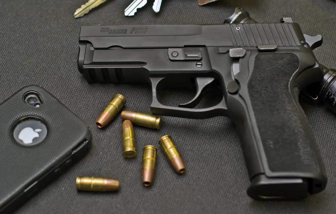 Photo wallpaper gun, lights, phone, cartridges, SIG, P229, compact firearm, Mad
