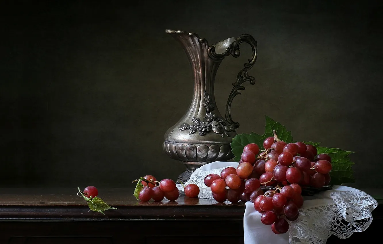 Photo wallpaper style, background, grapes, bunch, pitcher, still life, napkin