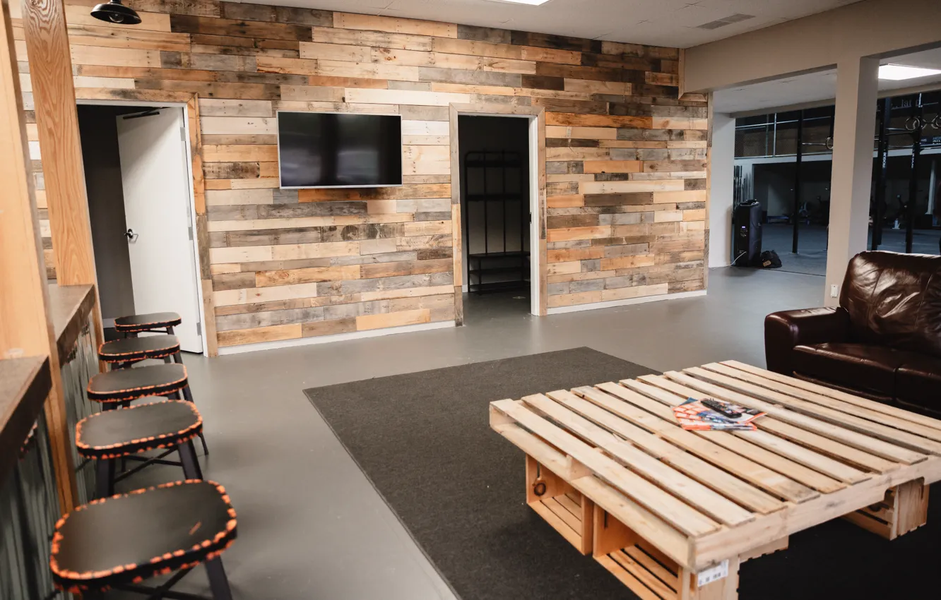 Photo wallpaper living room, coffee table, wooden wall