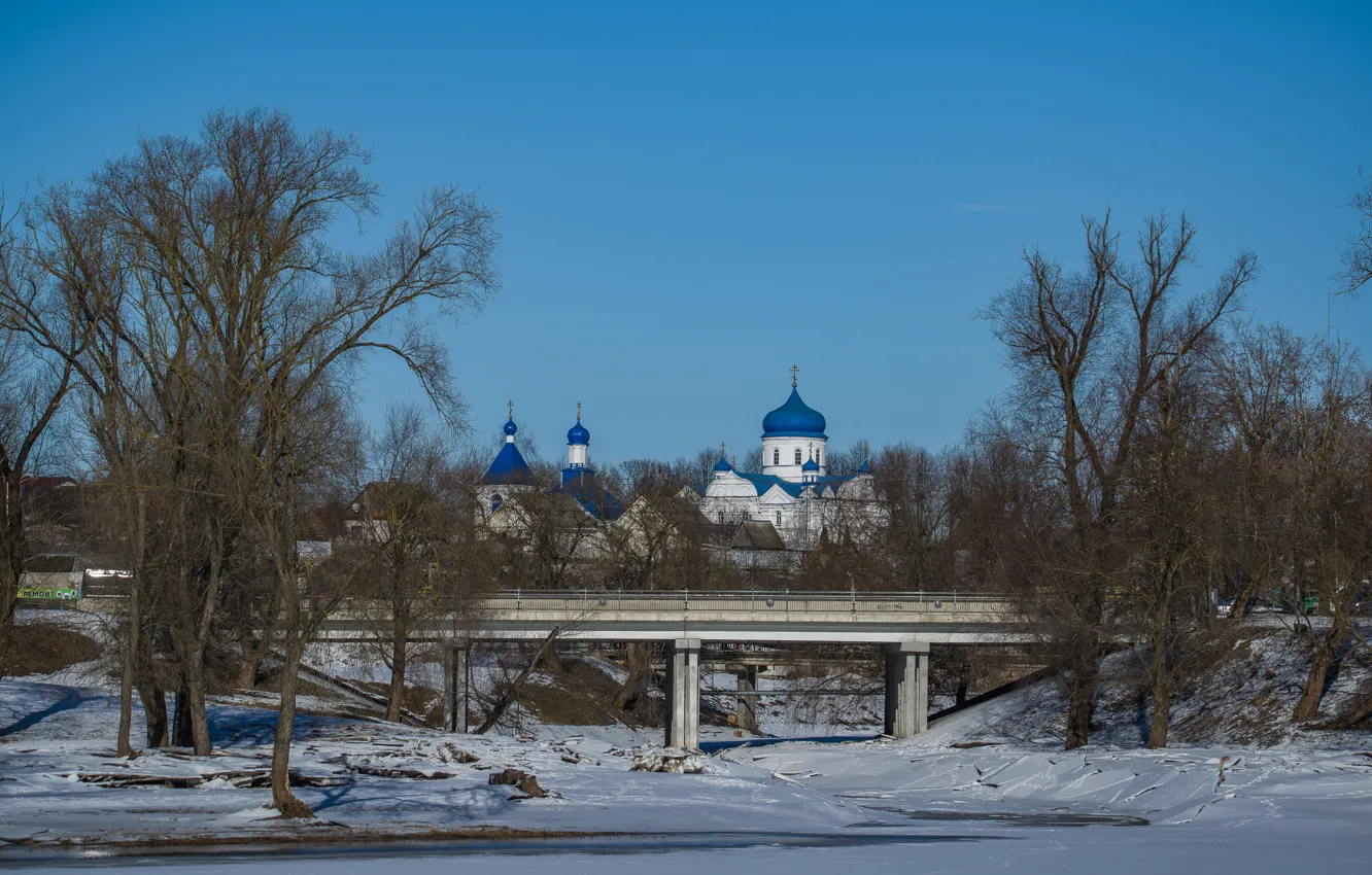 Photo wallpaper winter, bridge, the city, Church, mogilev