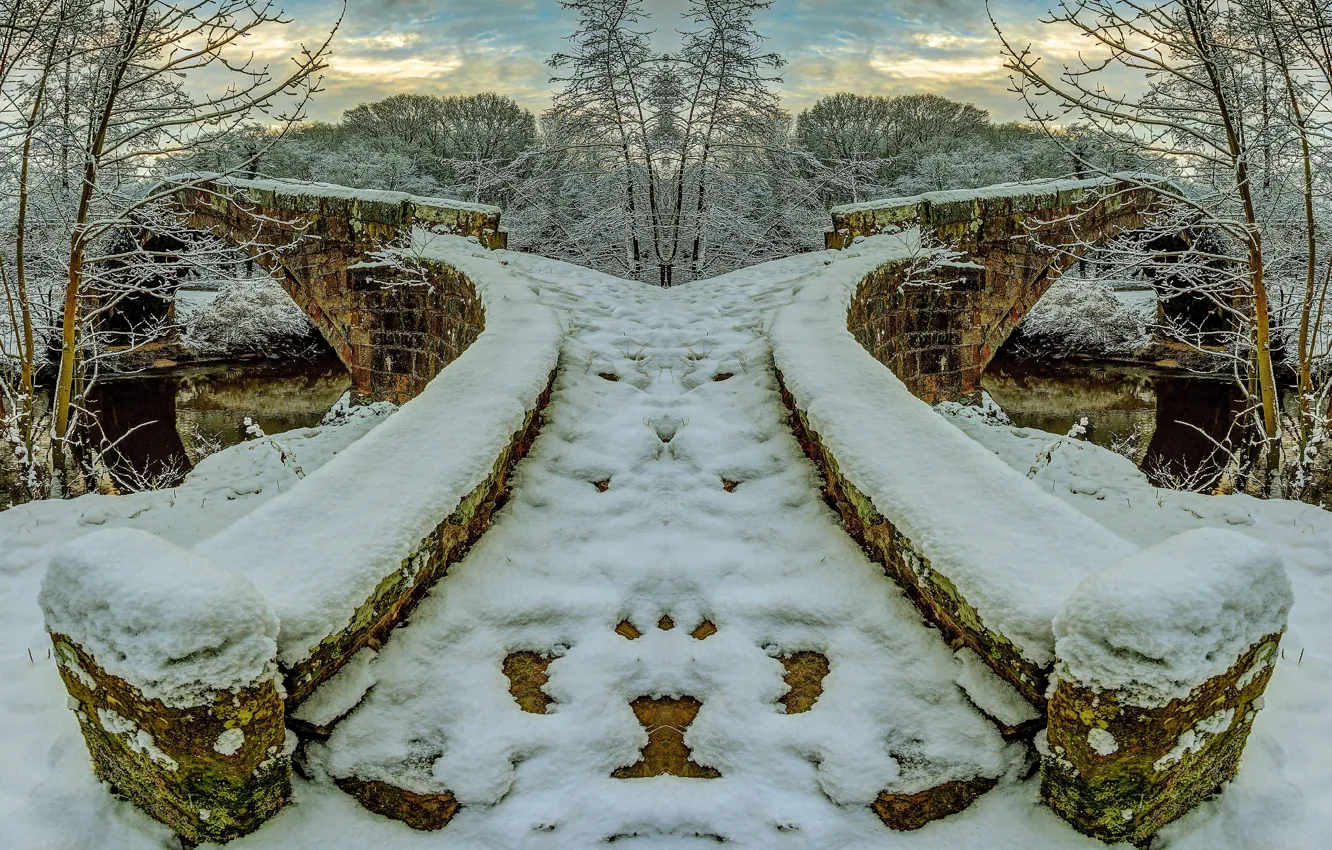 Photo wallpaper winter, frost, the sky, snow, trees, river, stone bridge