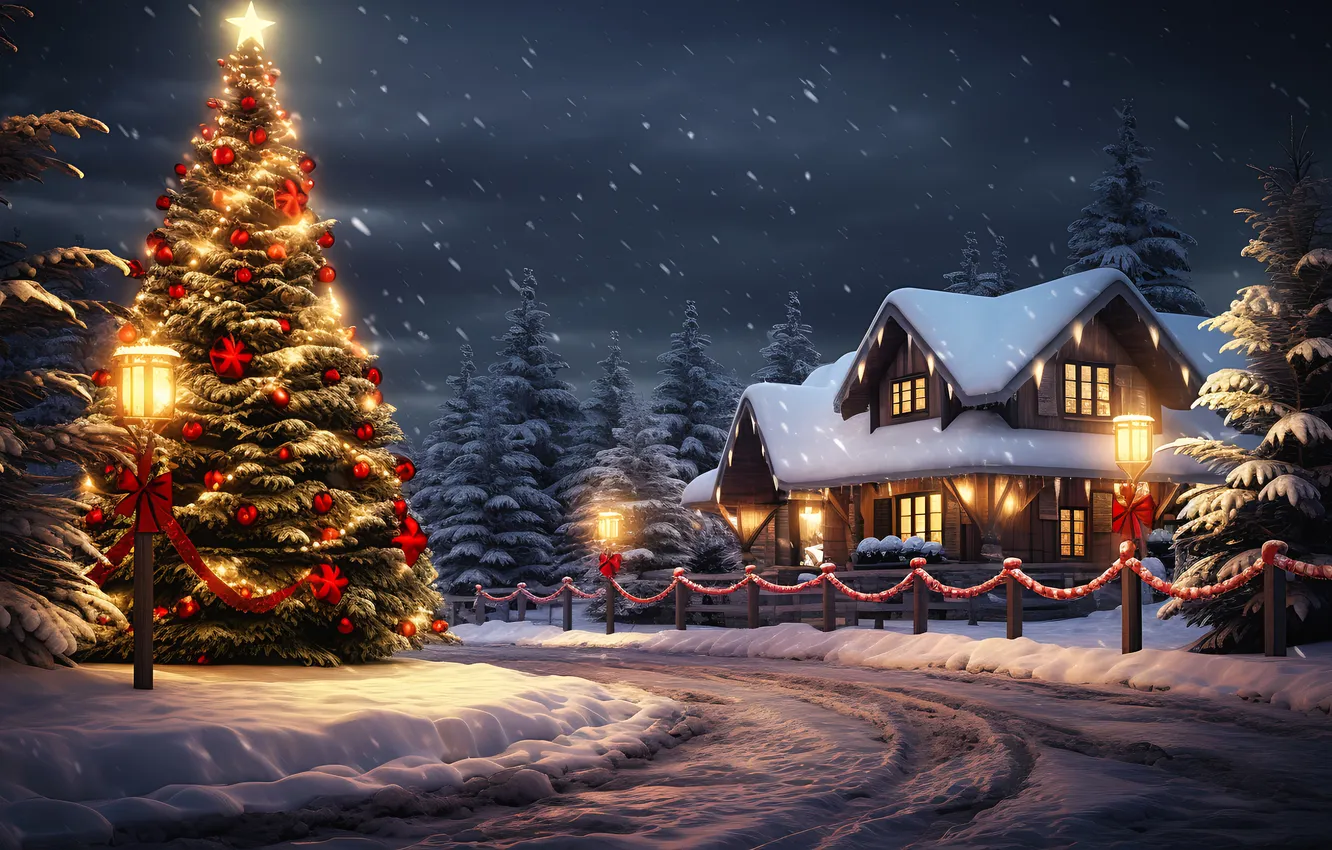 Photo wallpaper winter, snow, street, tree, village, Christmas, cottage, night