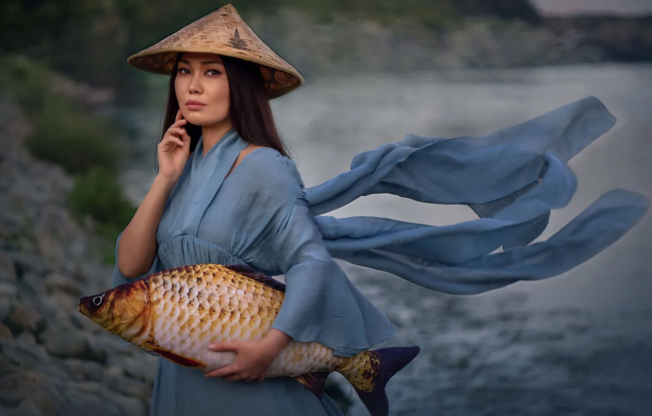 Photo wallpaper look, girl, fish, hat, carp, catch, Alexandra Kananerova