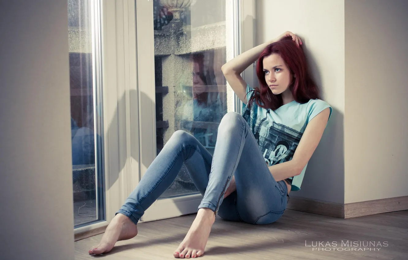 Photo wallpaper girl, reflection, jeans, girl, Lukas Misiunas