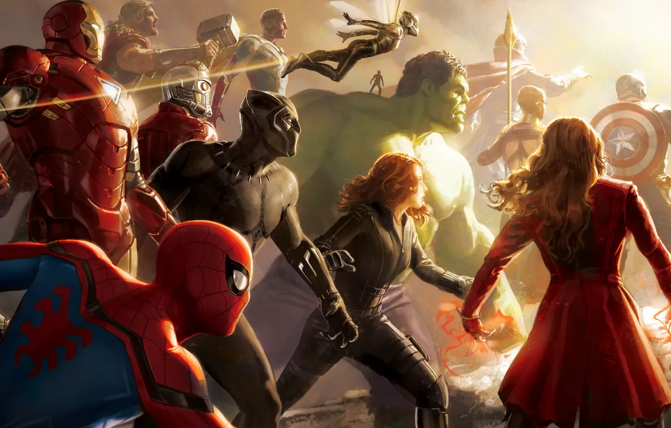 Photo wallpaper Scarlett Johansson, Infinity, Vision, Hulk, Nebula, Iron Man, War, Falcon