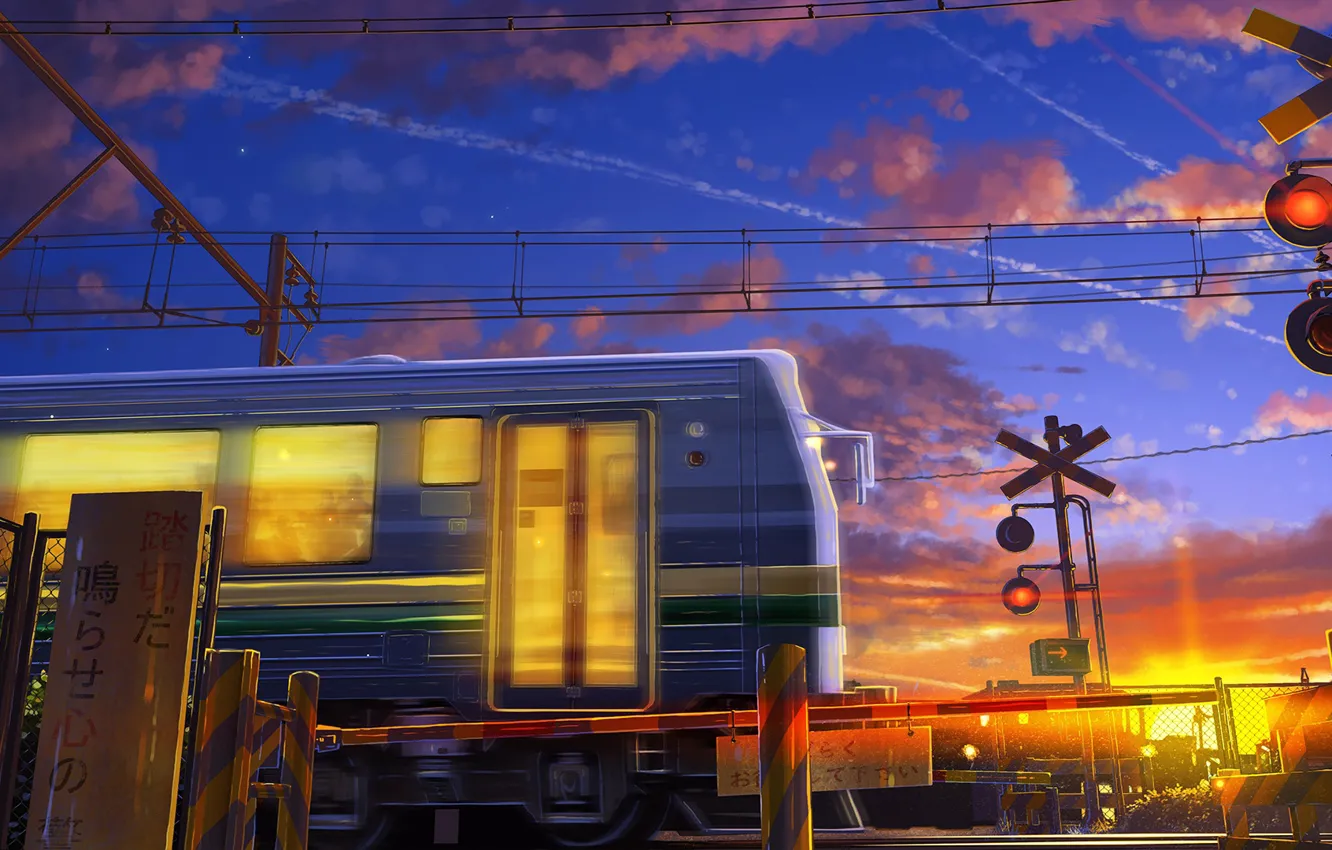 Photo wallpaper wire, train, train, characters, sunrise, the barrier, moving, the light in the Windows