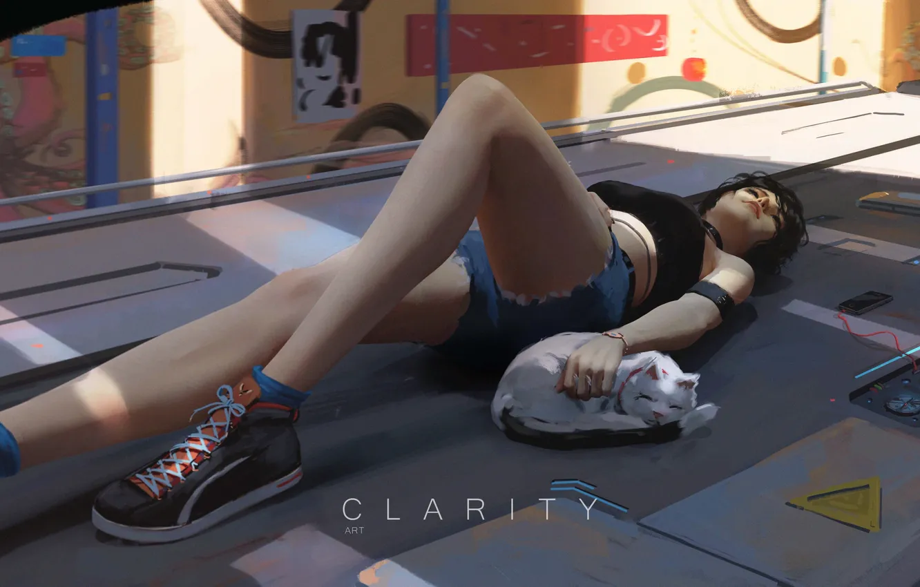 Photo wallpaper girl, shorts, cat, artist, digital art, artwork, fantasy art, sneakers