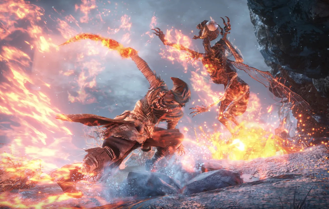 Photo wallpaper fire, sake, flame, sword, game, weapon, ken, blade