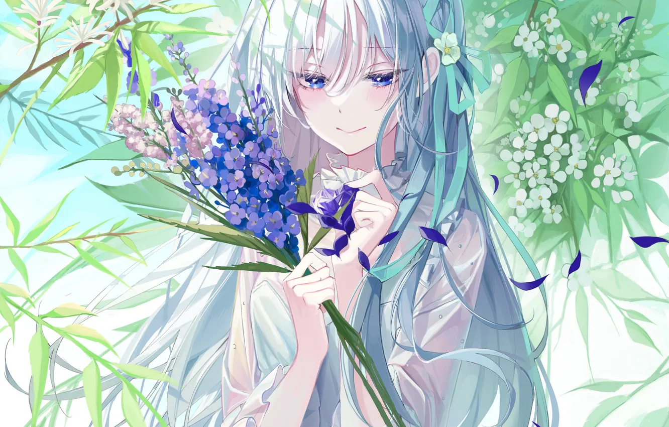 Photo wallpaper girl, flowers, bouquet, spring, Wisteria
