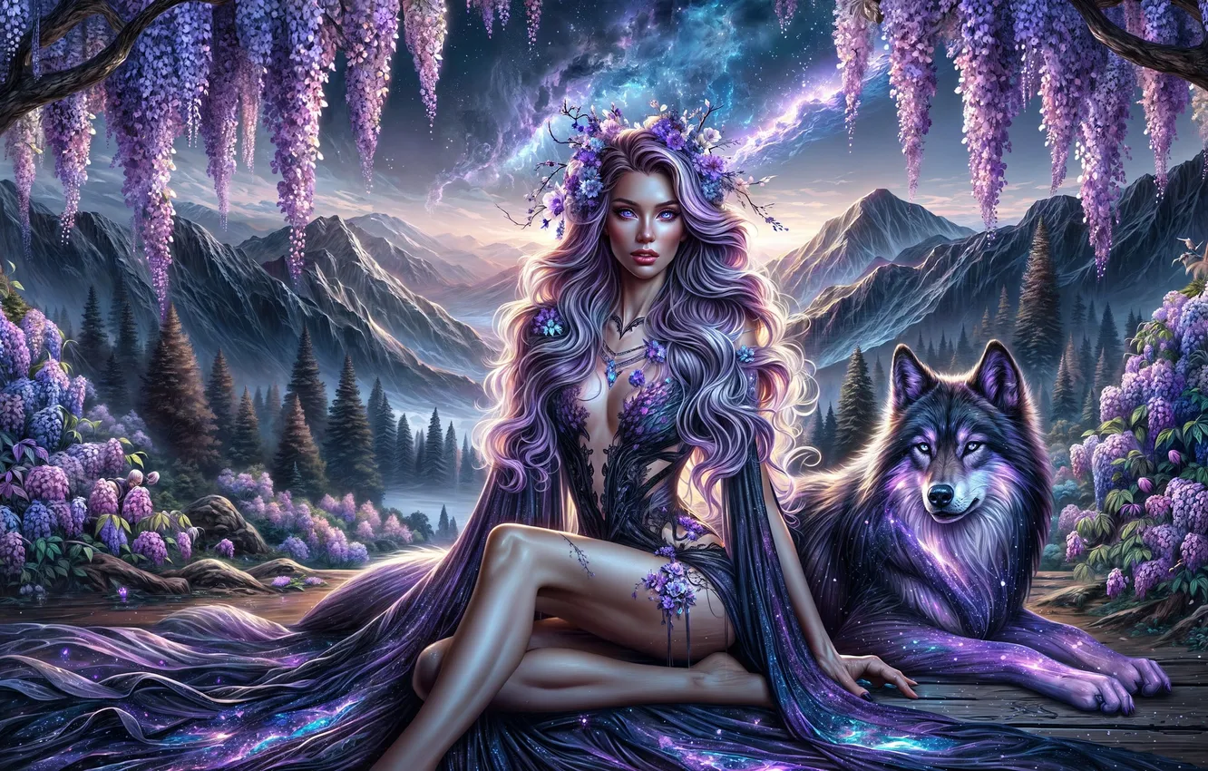 Photo wallpaper forest, girl, flowers, mountains, wolf, Wisteria, forest nymph