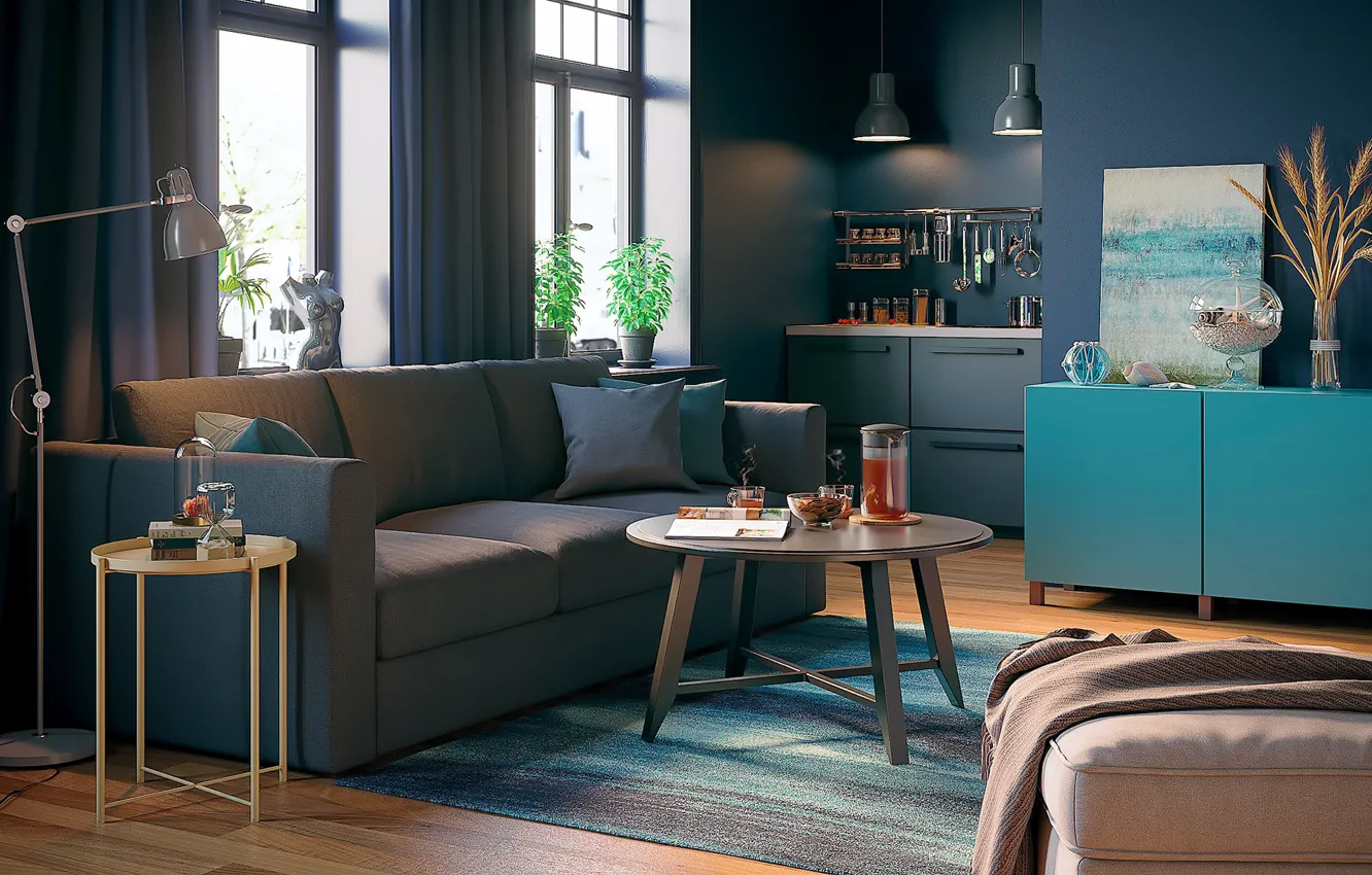 Photo wallpaper design, style, interior, kitchen, living room, upholstered furniture, IKEA, IKEA idea decor