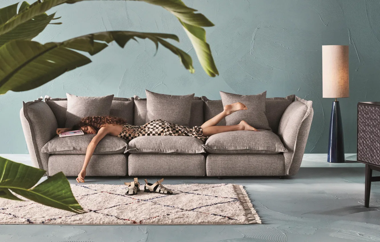 Photo wallpaper Girl, Sleeping, Furniture, Fern, Furniture, Ferns, Statement Sofa, Velvet sofa