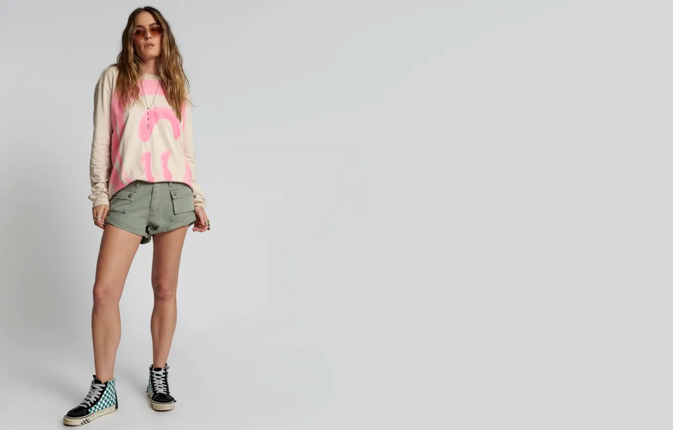 Photo wallpaper girl, shorts, model, glasses, sneakers