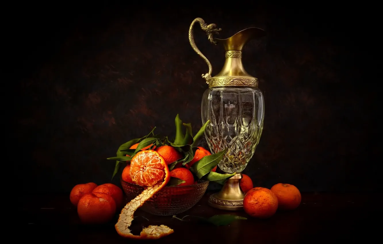 Photo wallpaper leaves, still life, peel, tangerines, decanter