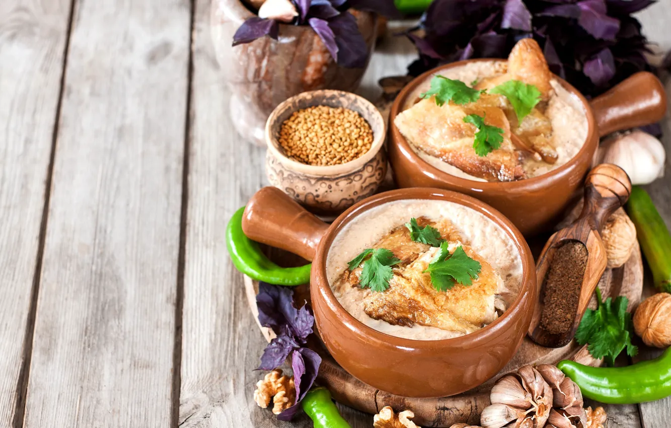Photo wallpaper greens, chicken, nuts, spices, garlic, Georgian cuisine, satsivi