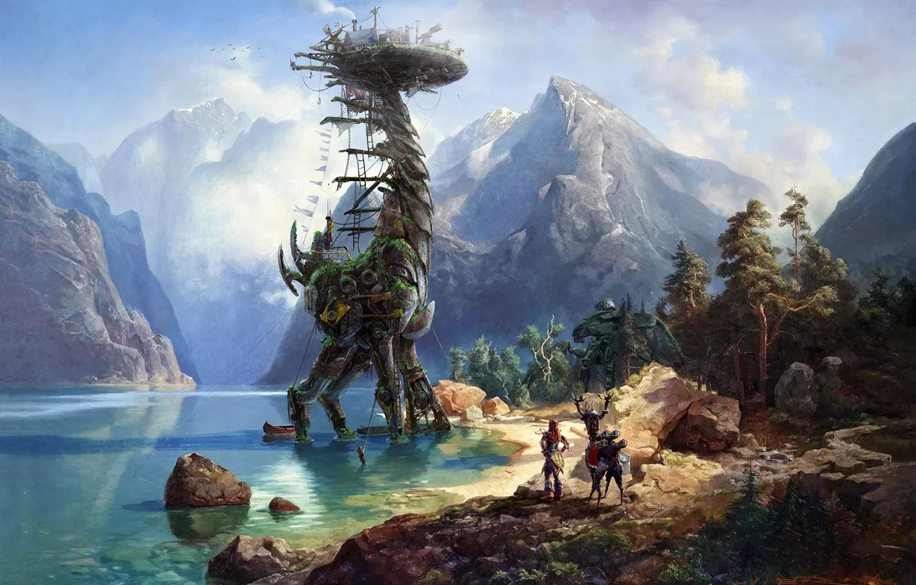 Photo wallpaper water, mountains, river, art, Horizon: Zero Dawn, Aloy, Tallneck